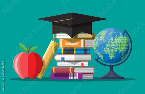 Graduation cap on stuck of books, globe and apple. Academic and school knowledge, education and graduation. Vector illustration in flat style