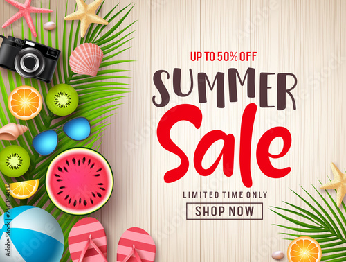 Summer sale vector banner background template. Summer discount promotion text in empty space with colorful tropical fruits and beach elements in wood textured background. Vector illustration.