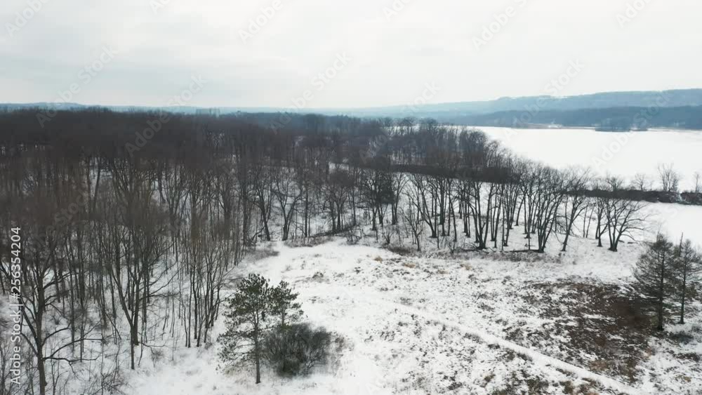 Aerial shot of empty winter forest on the shores of a frozen snow covered lake. Aerial shot of empty winter forest on the shores of a frozen snow covered lake.