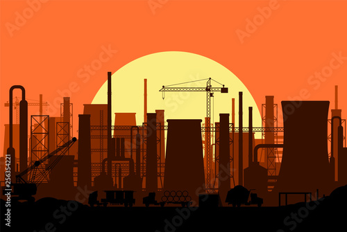 Panoramic industrial silhouette landscape. Smoking factory pipes. Plant pipes, sky with sun. Carbon dioxide emissions. Environment contamination. Pollution of environment co2. Vector illustration