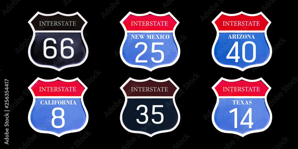 Set of american road signs interstate us state close up isolated on black background. Vintage style. 3d illustration