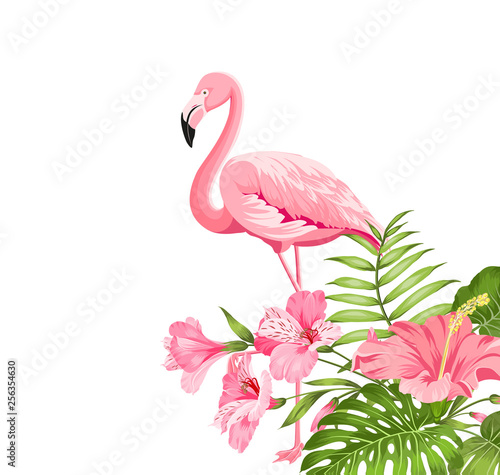 Beautiful card with a wreath of tropical flowers. Tropical flower garland. Blossom flowers for invitation card over white background. Vector illustration. © Kotkoa