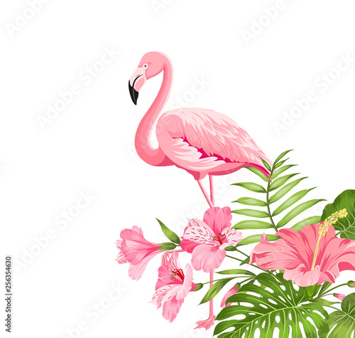 Beautiful card with a wreath of tropical flowers. Tropical flower garland. Blossom flowers for invitation card over white background. Vector illustration.