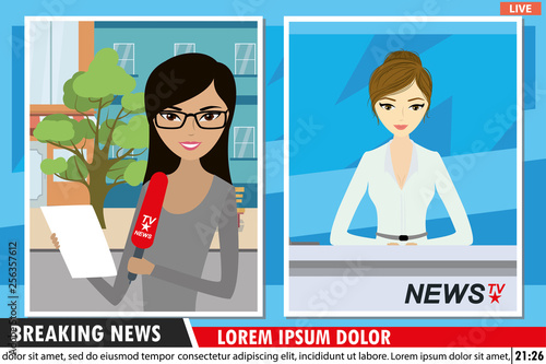 Two screens with European news anchorwoman in modern television studio and reporter on street