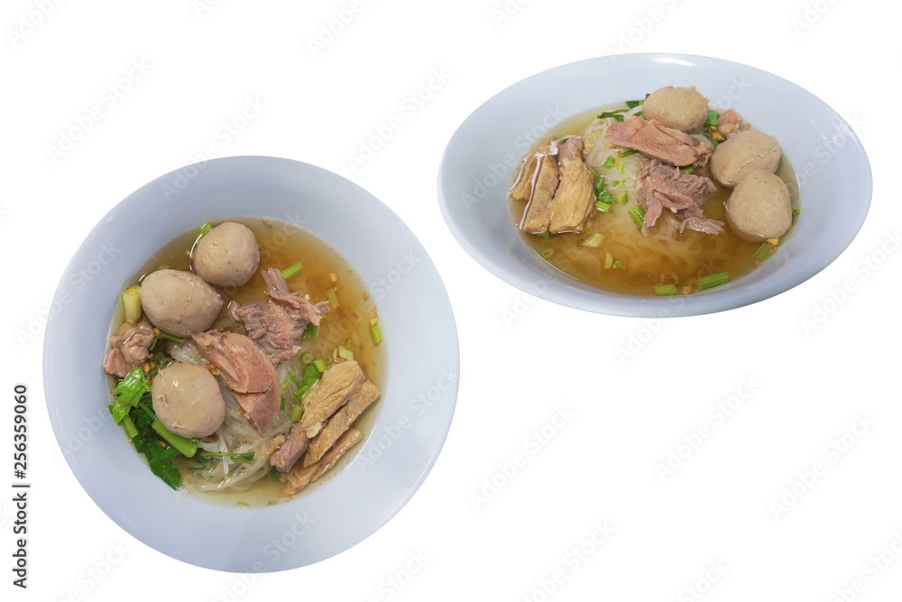 stew meat clear soup noodles , the food with the seasoning beef ball and vegetable. isolated on white background with clipping path. stew meat clear soup noodles , the food with the seasoning beef ball and vegetable. isolated on white background with clipping path.