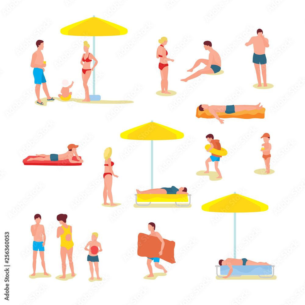 Holidaymakers in swimsuits flat illustrations set