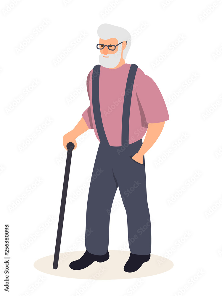 Senior man with cane flat vector illustration