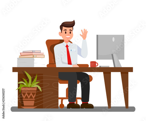 Man at Workplace in Office Vector Illustration