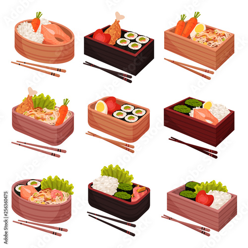 Japanese food in lunchbox on white background.