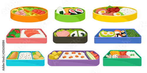 Japanese food in colorful lunch boxes set.