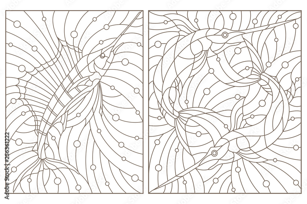 Set Of Contour Illustrations Of Stained Glass Windows With Fish Fish Sailboat And Fish Sword Dark Contours On White Background Stock Vector Adobe Stock