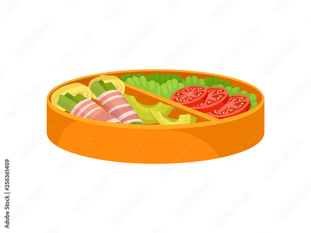 Japanese food in orange lunchbox on white background. Japanese food in orange lunchbox on white background.