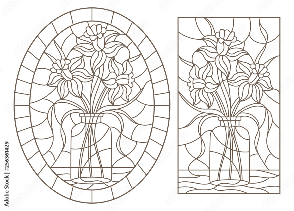 A set of contour illustrations of stained glass Windows with floral still lifes, dark contours on a white background A set of contour illustrations of stained glass Windows with floral still lifes, dark contours on a white background