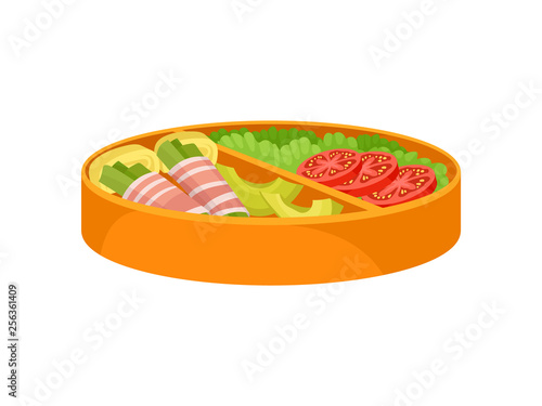 Japanese food in orange lunchbox on white background.