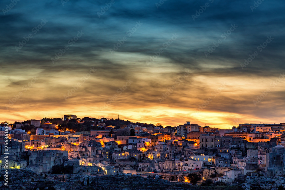 Panoramic view to the town of Matera in Italy with historic buildings. Unesco heritage site