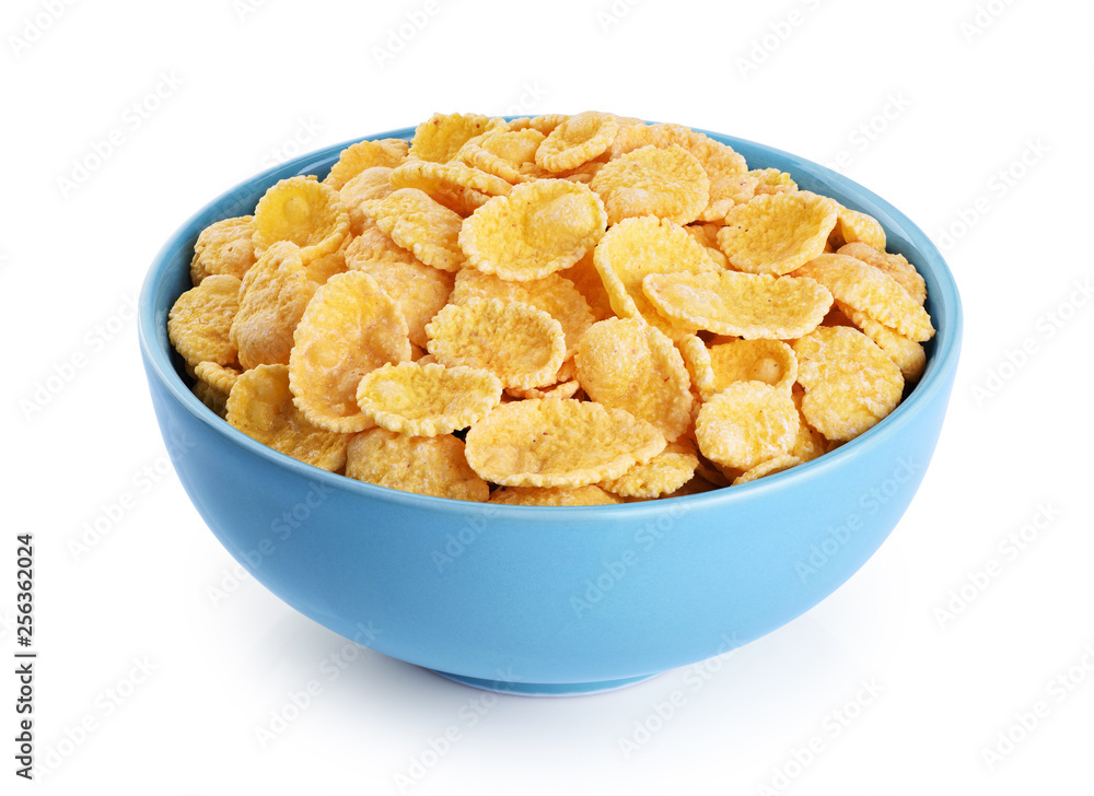 Bowl with cornflakes isolated on white background.