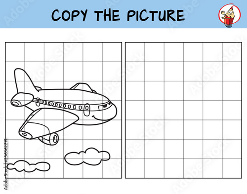 Passenger airliner. Copy the picture. Coloring book. Educational game for children. Cartoon vector illustration