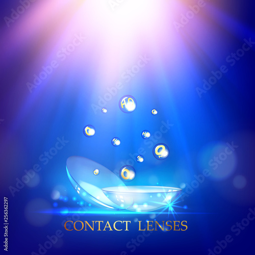 Best blue contact lenses for your eyes. Awesome medical illustration of raindrop over blue science background and text place at the top of the image. Vector illustration.