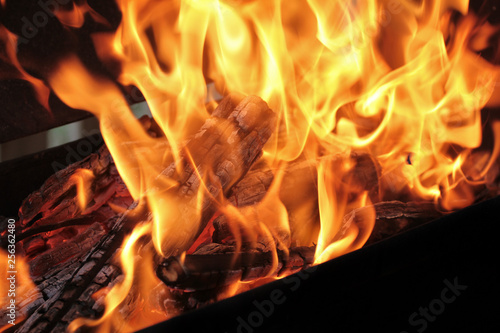 A shot of burning firewood in the fireplace. Close-up. Burning wood for a barbecue. Smoke and sparks. Fire background.