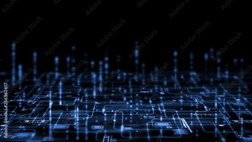 3D Rendering of abstract technology on motherboard. Glowing computer ...