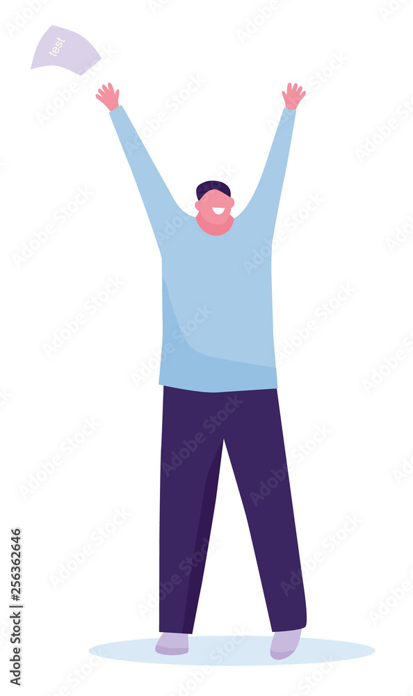Happy student with arms raised on air. success in the exam. Vector illustration in a flat cartoon style Happy student with arms raised on air. success in the exam. Vector illustration in a flat cartoon style