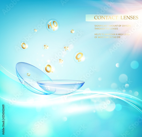 Contact lens concept with water wave flows over a blue background and two eye lenses. Vector illustration.