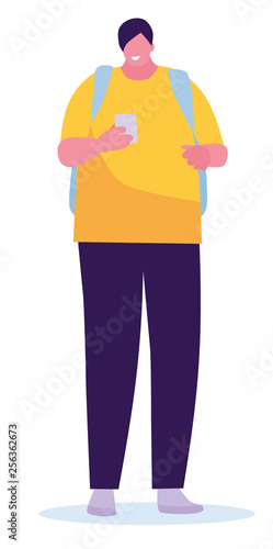 Excited man checking smart phone content, on a white background. Vector illustration in a flat cartoon style