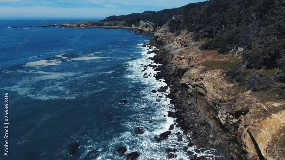 Sun drenched rocks are rhythmically beaten by Pacific Ocean Waves. Cliffs and rugged trees frame the seashore. Drone based aerial video. Cinematic and beautiful. Both calming and energizing. Sun drenched rocks are rhythmically beaten by Pacific Ocean Waves. Cliffs and rugged trees frame the seashore. Drone based aerial video. Cinematic and beautiful. Both calming and energizing.