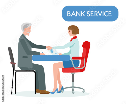 the pensioner meeting real-estate agent for investment, illustration on white background. Vector illustration in a flat cartoon style
