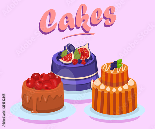 Various Delicious Cakes Flat Vector Illustration