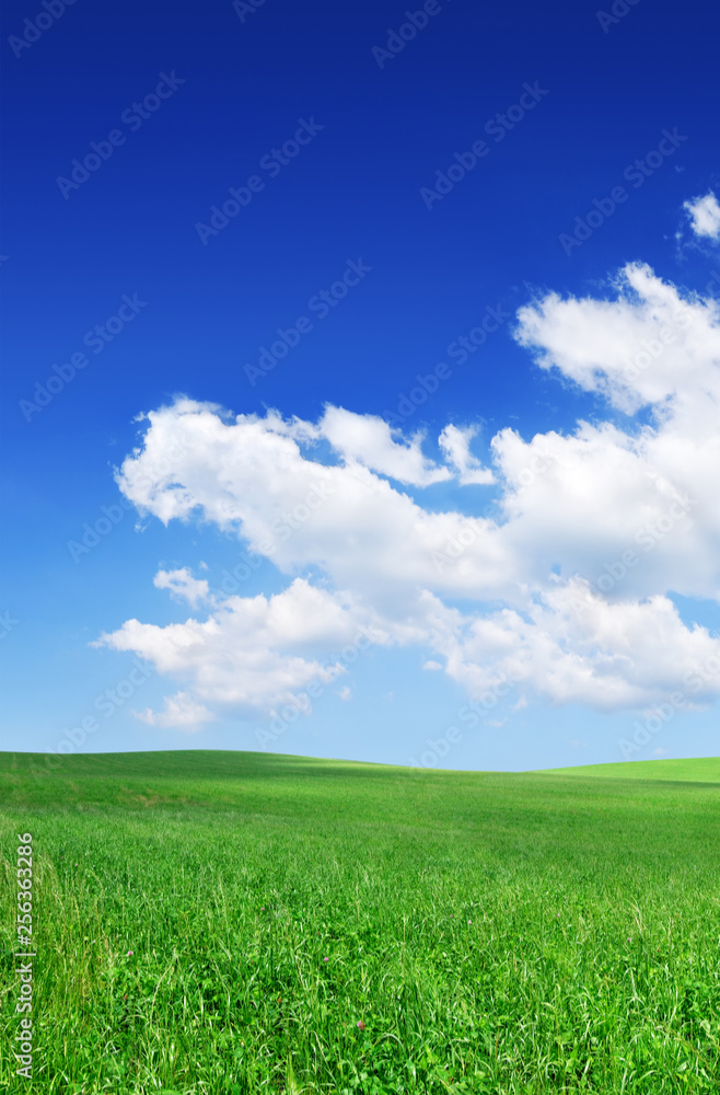 Idyllic view, green hills and blue sky with white clouds Idyllic view, green hills and blue sky with white clouds