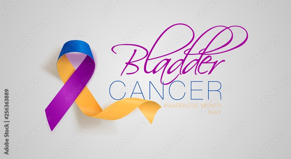 Bladder Cancer Awareness Calligraphy Poster Design. Realistic Marigold And Blue And Purple Ribbon. May is Cancer Awareness Month. Vector