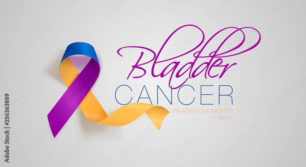 Bladder Cancer Awareness Calligraphy Poster Design. Realistic Marigold And Blue And Purple Ribbon. May is Cancer Awareness Month. Vector Bladder Cancer Awareness Calligraphy Poster Design. Realistic Marigold And Blue And Purple Ribbon. May is Cancer Awareness Month. Vector