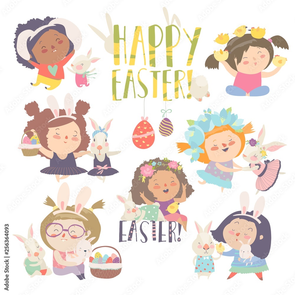 Cute little girls with Easter theme. Happy Easter Cute little girls with Easter theme. Happy Easter