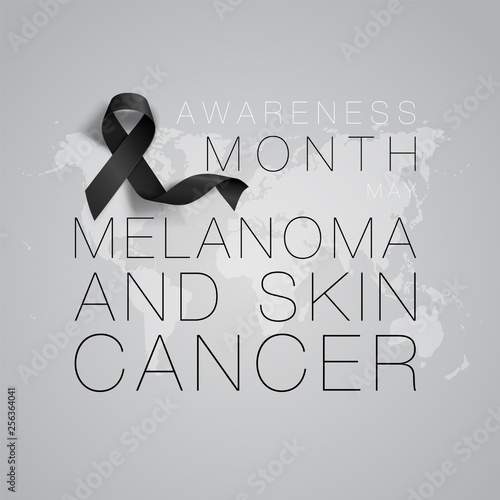 Melanoma and Skin Cancer Awareness Calligraphy Poster Design. Realistic Black Ribbon. May is Cancer Awareness Month. Vector