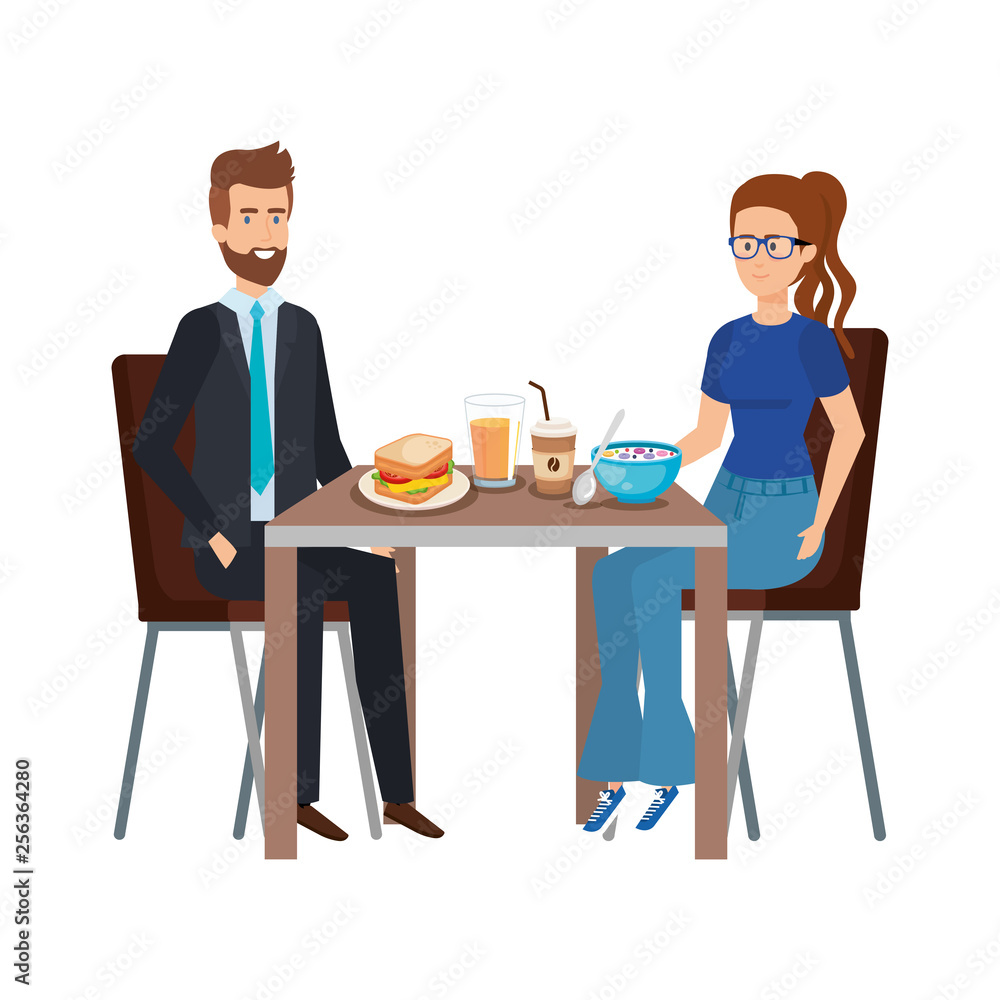 young couple eating in table characters