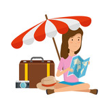 tourist woman with paper map and travel icons