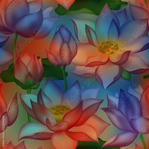 Lotus buds and flowers seamless wallpaper., Water lilly nelumbo aquatic plant floral graphic design.