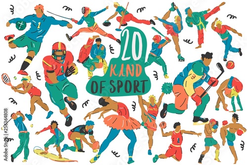 Handdrawn vector set-20 kind of sport. Cartoon illustrations - characters athletes.