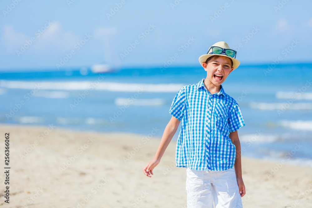 Portrait of Adorable boy having fun on the beach.