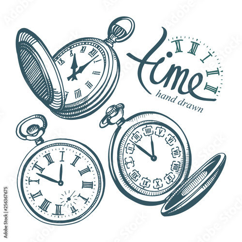 Pocket watch. Hand drawn pocket watch vector illustrations set. Sketch drawing old clock icons set.