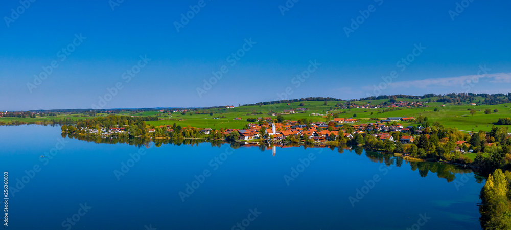 Riegsee village on lake Riegsee, Bavaria, Germany