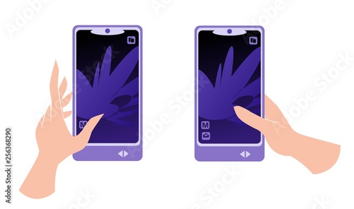 Hand holding smartphone and finger touch on screen. Mobile phone isolated. Vector illustration.