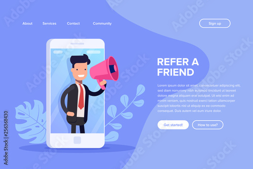 Refer a friend vector illustration concept. Digital business. People shout on megaphone with refer a friend word. Can use for landing page, template, ui, web, mobile app, poster banner or flyer.