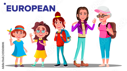 European Generation Female People Person Vector. Mother, Daughter, Granddaughter, Baby, Teen. Vector. Isolated Illustration
