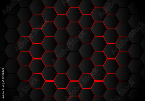 Abstract black hexagon pattern on red neon background technology style. Honeycomb.