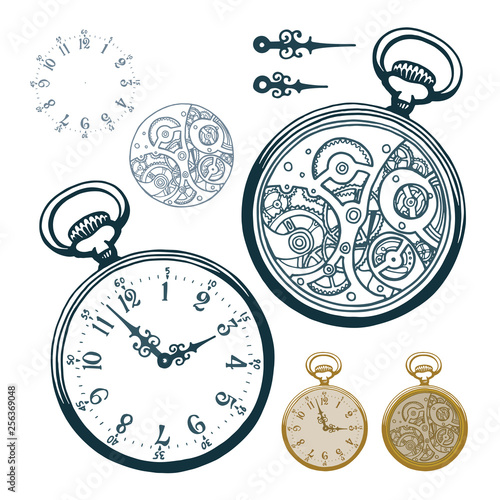 Pocket watch. Hand drawn pocket watch vector illustrations set. Sketch drawing old clock icons set.