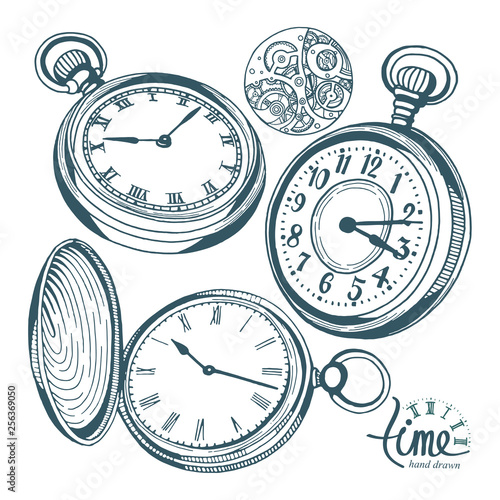 Pocket watch. Hand drawn pocket watch vector illustrations set. Sketch drawing old clock icons set.