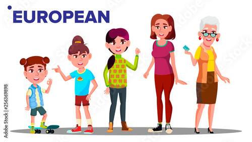 European Generation Female Set People Person Vector. Mother, Daughter, Granddaughter, Baby. Isolated Illustration