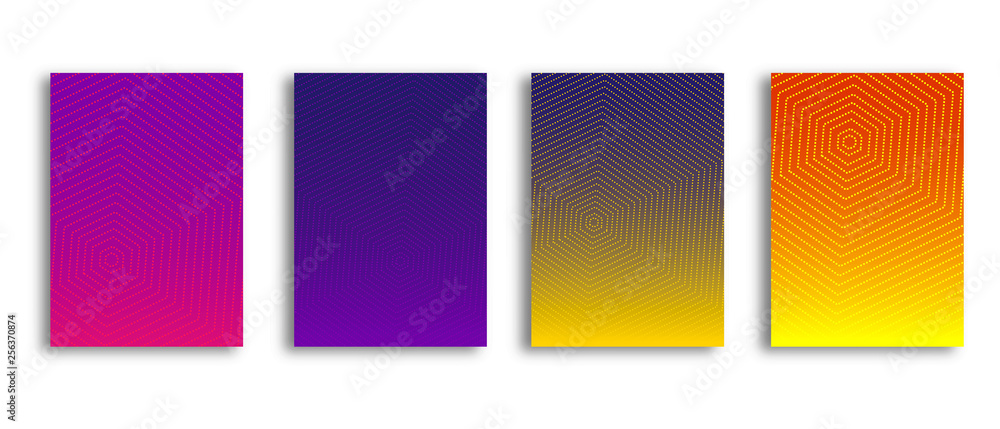 Scientific annual report design vector collection. Halftone stripes texture cover page layout templates set. Report covers graphic design, business brochure pages corporate templates.